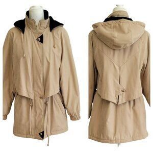 VTG Izzi Hooded Faux Suede Velvet Trim Khaki and Black Lined Carcoat Parka